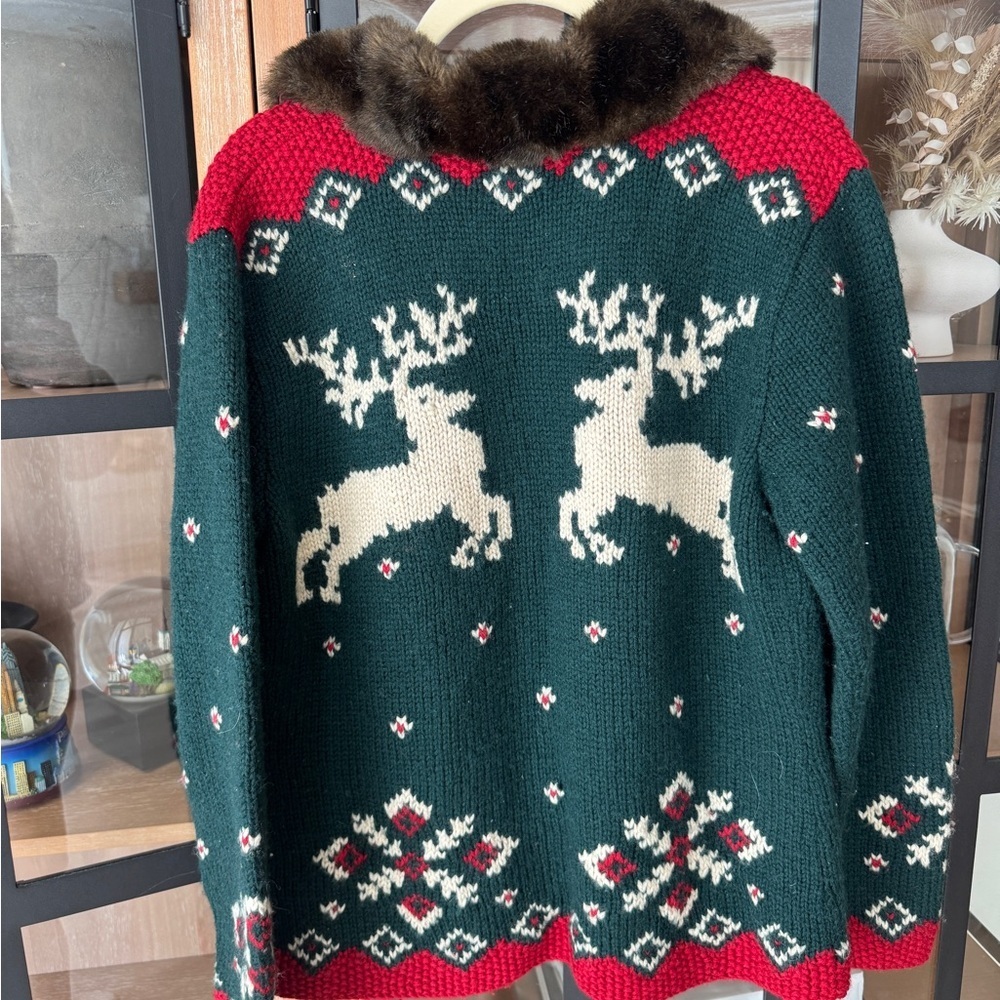 Vintage Ralph Lauren Hand Knit Wool Fur Collar Reindeer Christmas Sweater zipup - Picture 3 of 14